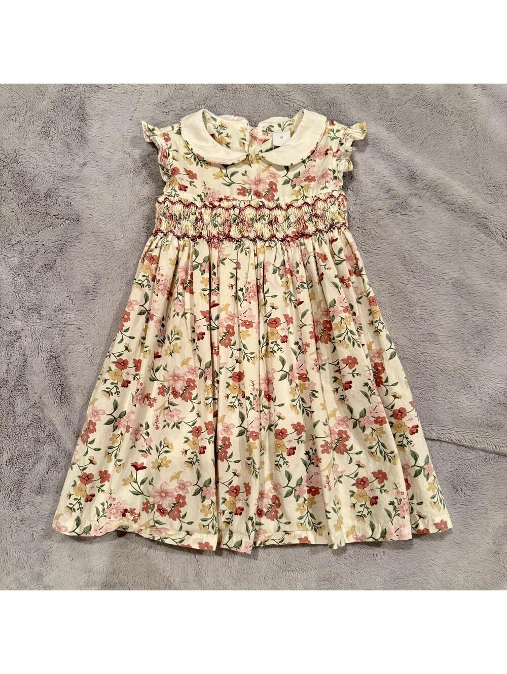 Girls Floral Smocked Dress with Peter Pan Collar Size 5T